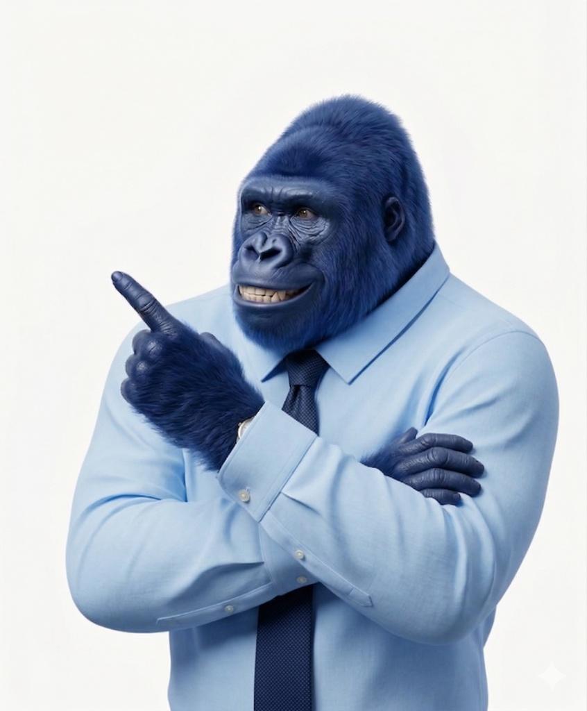 Kongo, de blauwe gorilla-mascotte van PromptGorillas, in een lichtblauw overhemd